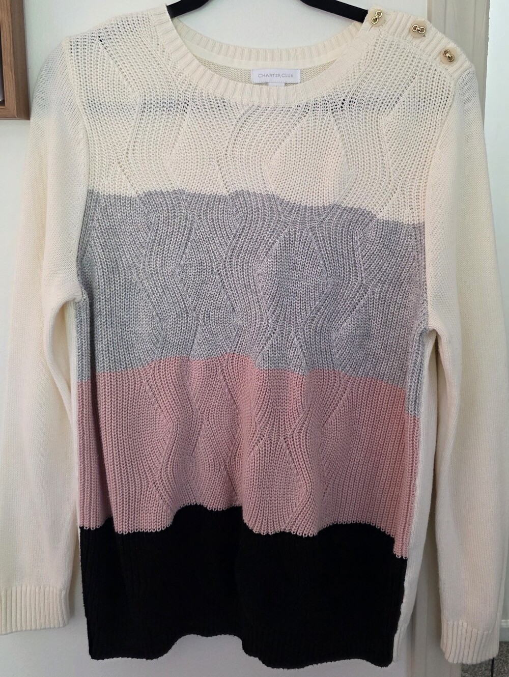 Charter Club Cream, Gray, Pink & Black Cable Knit Colorblock Sweater - Picture 1 of 3